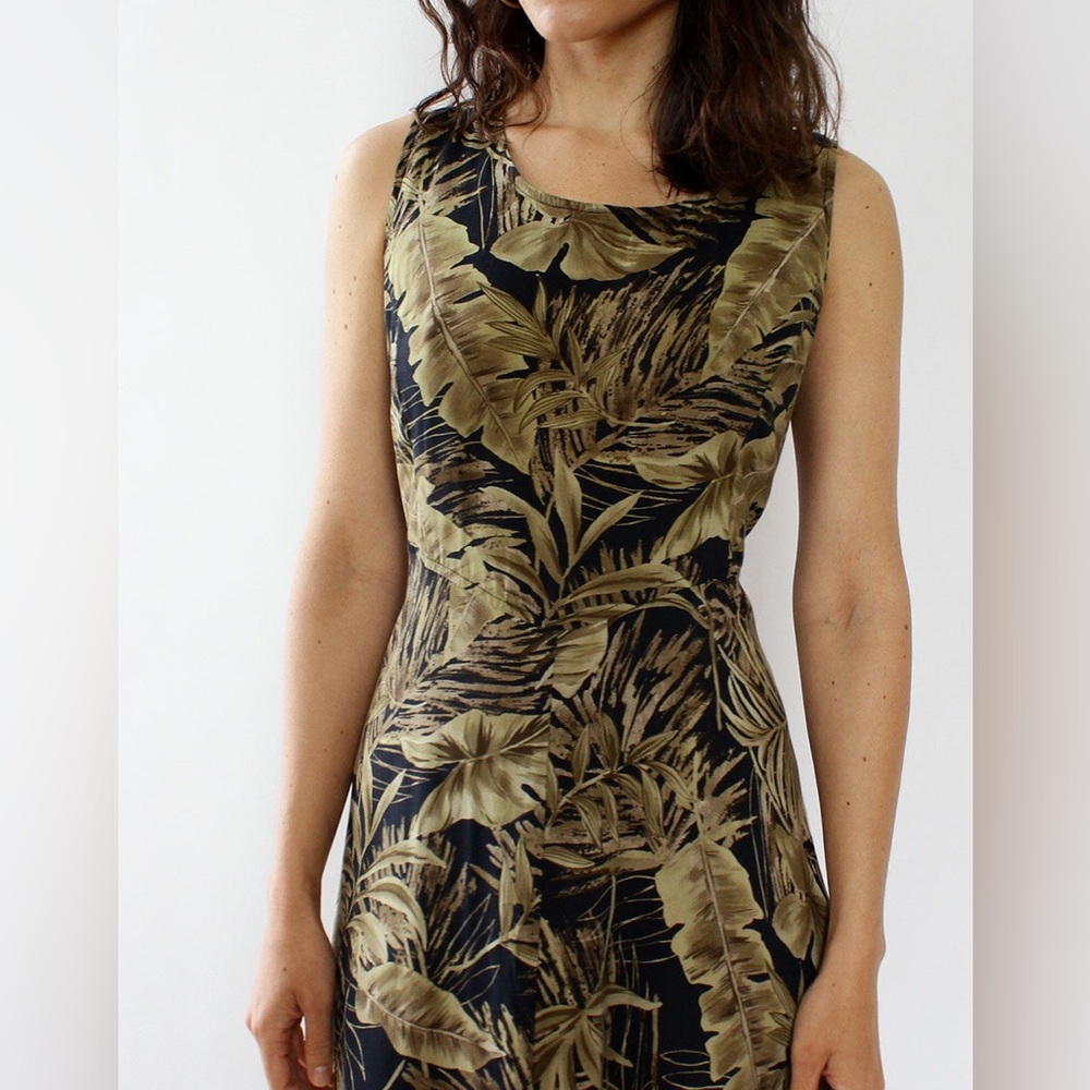Vintage 90s Tropical Banana Leaf Maxi Dress Lace-Up Back Olive Black Medium
 B5